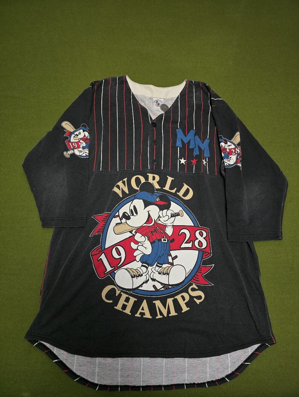 Vintage Mickey Mouse Black 'World Champs' Graphic  Baseball Top